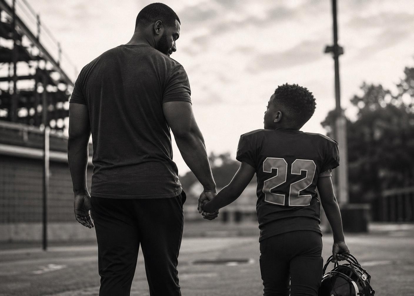 A father and his young athlete walking hand in hand after a game
